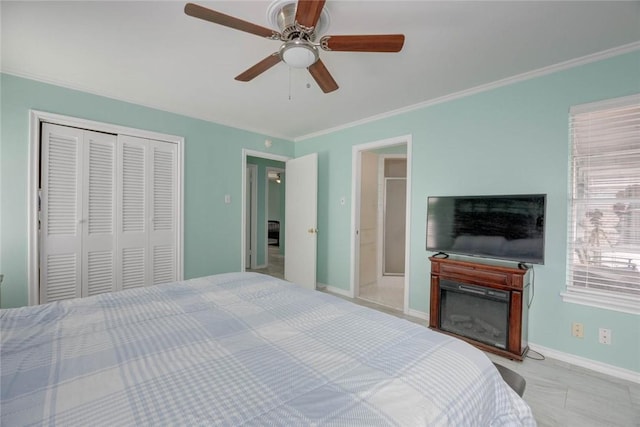 1038 Herndon St, Corpus Christi, TX 78411 - bedroom featuring a closet, ornamental molding, and a ceiling fan