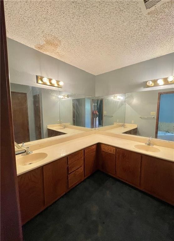 4401 River Valley Dr Unit 205, Corpus Christi, TX 78410 - full bathroom with a textured ceiling, double vanity, and lofted ceiling