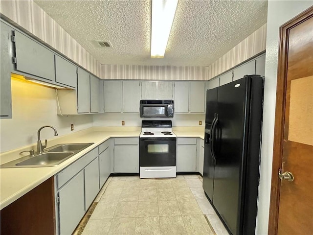 4401 River Valley Dr Unit 205, Corpus Christi, TX 78410 - kitchen featuring black appliances, a sink, gray cabinets, a textured ceiling, and light countertops