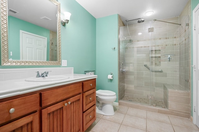 full bath featuring tile patterned flooring, a shower stall, toilet, and visible vents