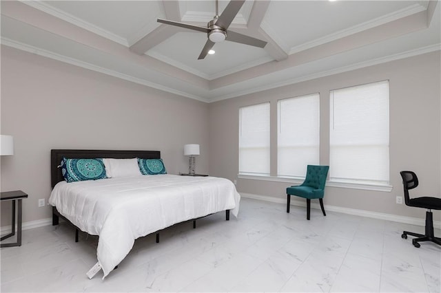 bedroom with beamed ceiling, ornamental molding, coffered ceiling, and ceiling fan