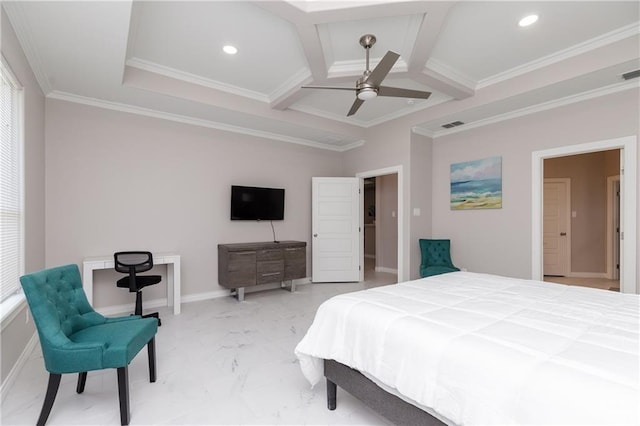 bedroom with crown molding, ceiling fan, coffered ceiling, and beam ceiling