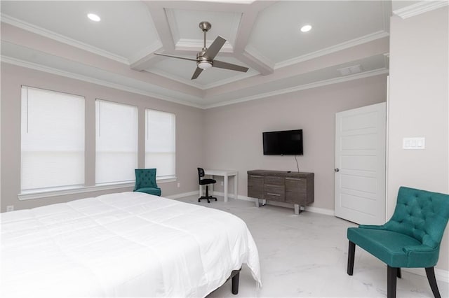 bedroom with coffered ceiling, crown molding, and multiple windows