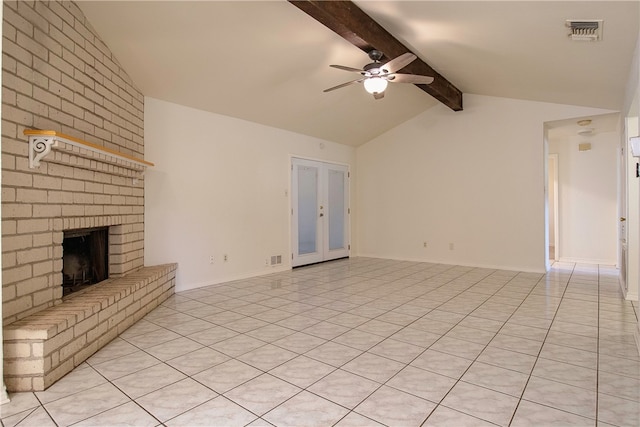 unfurnished living room featuring a fireplace, light tile patterned flooring, ceiling fan, and lofted ceiling with beams