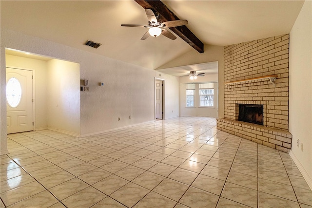 unfurnished living room featuring a brick fireplace, vaulted ceiling with beams, ceiling fan, and light tile patterned floors