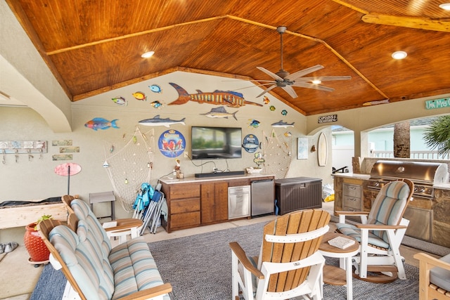 living room with lofted ceiling, ceiling fan, and wooden ceiling