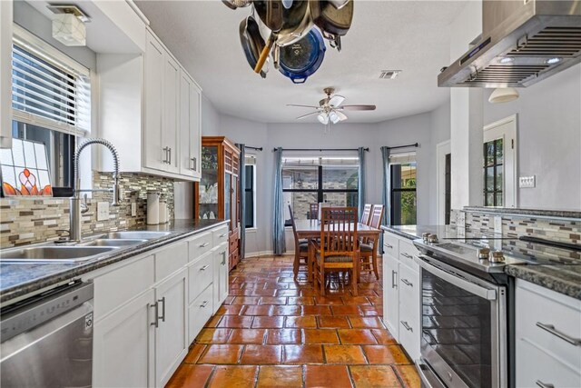 15641 Three Fathoms Bank Dr, Corpus Christi, TX 78418 - kitchen featuring appliances with stainless steel finishes, range hood, a sink, decorative backsplash, and ceiling fan
