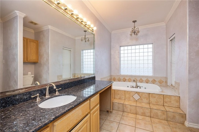 bathroom with vanity, tile patterned floors, ornamental molding, a notable chandelier, and tiled bath