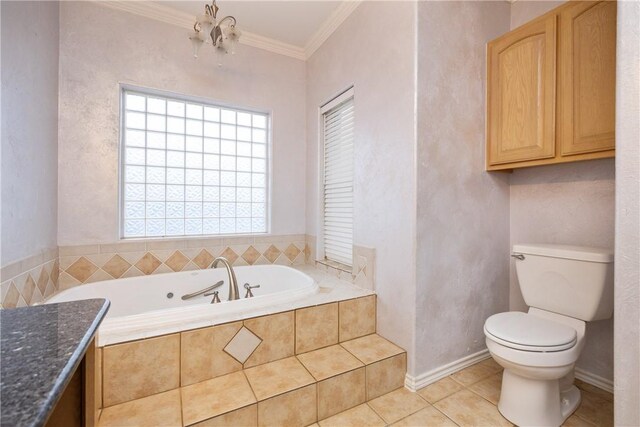 bathroom with tile patterned flooring, a relaxing tiled tub, a healthy amount of sunlight, and ornamental molding