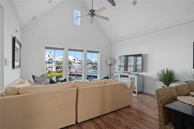 living room with high vaulted ceiling, hardwood / wood-style floors, and ceiling fan