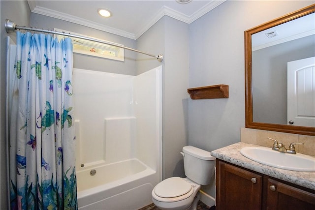 full bathroom with visible vents, shower / bath combination with curtain, toilet, crown molding, and vanity