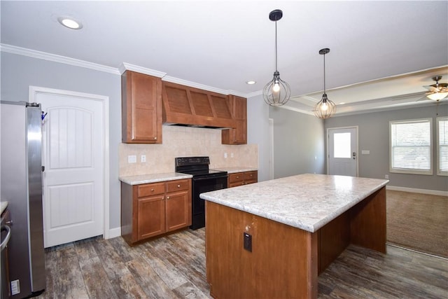 kitchen with black electric range oven, custom exhaust hood, freestanding refrigerator, and crown molding