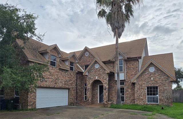 7921 Etienne Dr, Corpus Christi, TX 78414 - view of front of property with concrete driveway, a garage, roof with shingles, and brick siding