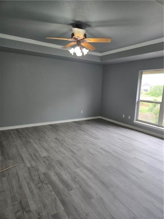 7921 Etienne Dr, Corpus Christi, TX 78414 - spare room featuring wood finished floors, a ceiling fan, and a raised ceiling