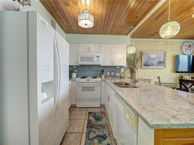 kitchen with white appliances, a peninsula, light tile patterned flooring, a sink, and wood ceiling