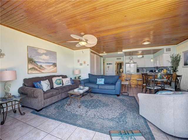 living room with light tile patterned flooring, wood ceiling, visible vents, and ceiling fan