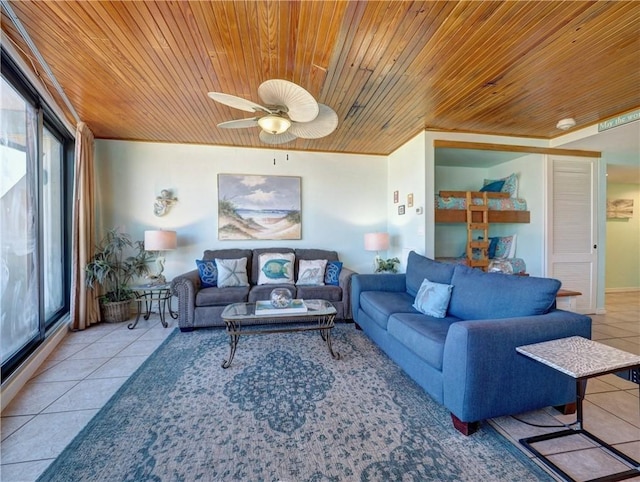 living area with ceiling fan, light tile patterned flooring, and wooden ceiling