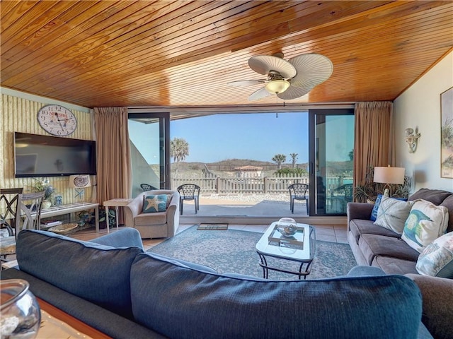 living area featuring wood ceiling and ceiling fan