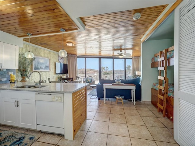 kitchen featuring a sink, white cabinetry, wooden ceiling, light tile patterned floors, and dishwasher