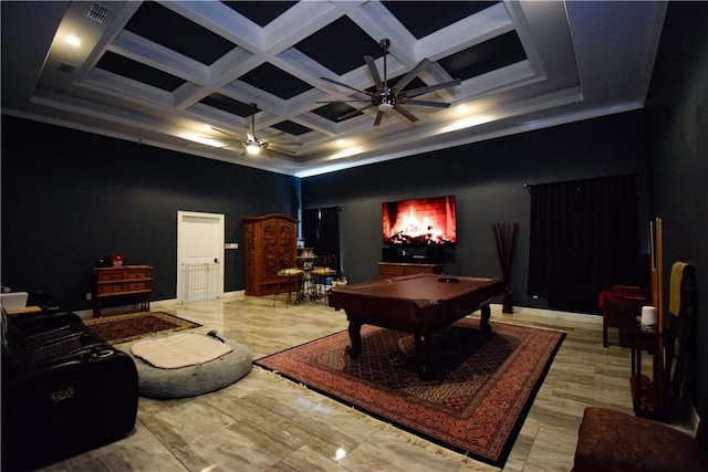 game room featuring beamed ceiling, ceiling fan, coffered ceiling, and billiards