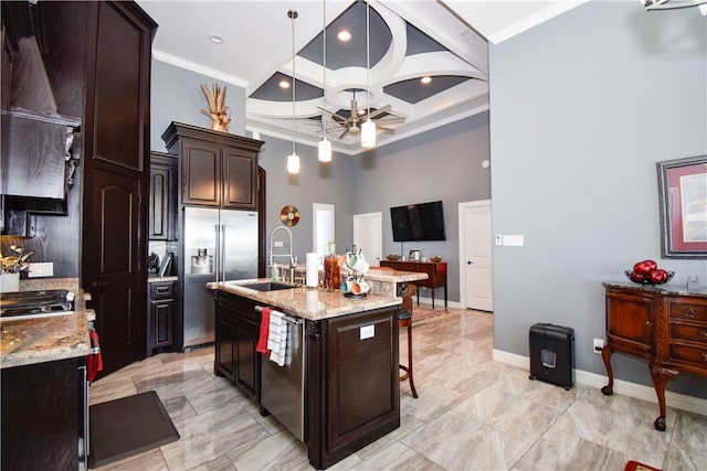 kitchen with a kitchen island with sink, coffered ceiling, ventilation hood, sink, and appliances with stainless steel finishes