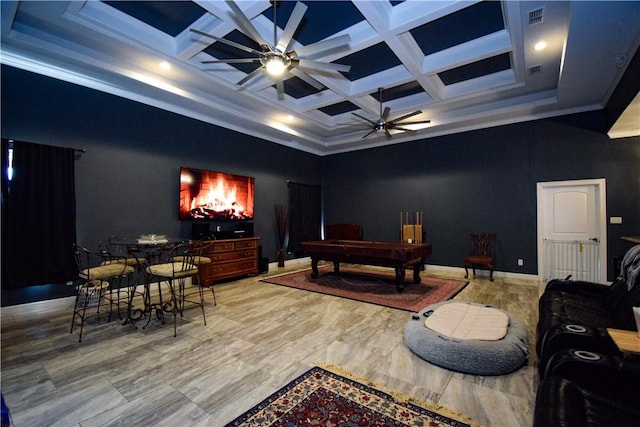 cinema room featuring beam ceiling, a high ceiling, coffered ceiling, and pool table