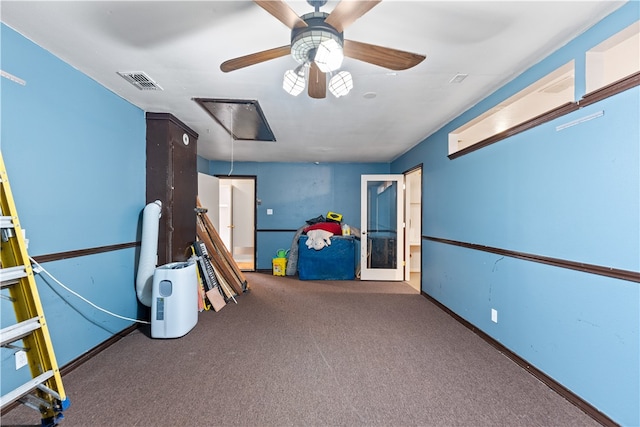 game room featuring ceiling fan and carpet flooring