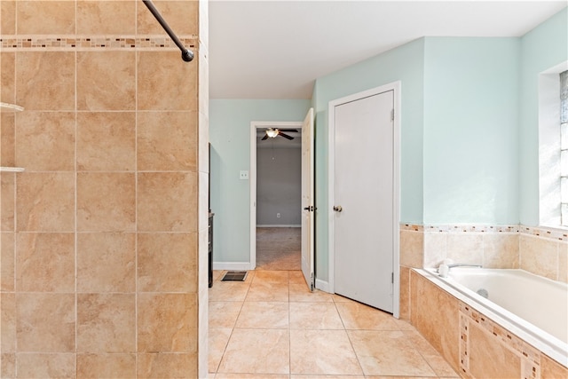 bathroom featuring ceiling fan, tile patterned floors, and independent shower and bath