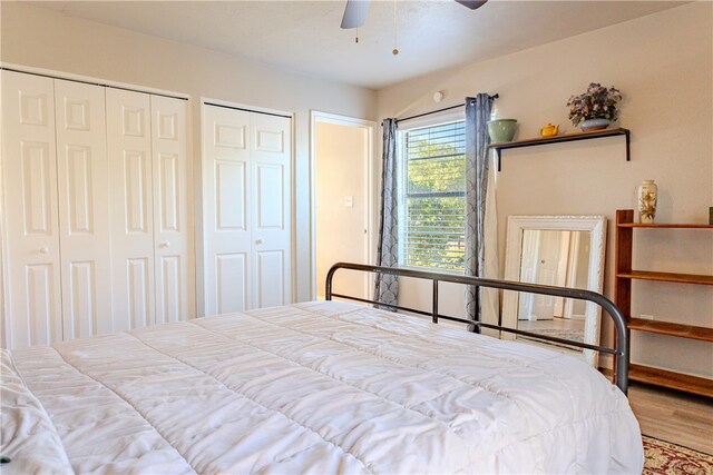 bedroom with multiple closets, wood-type flooring, and ceiling fan