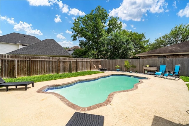 view of pool featuring a fenced in pool, a fenced backyard, and a patio area