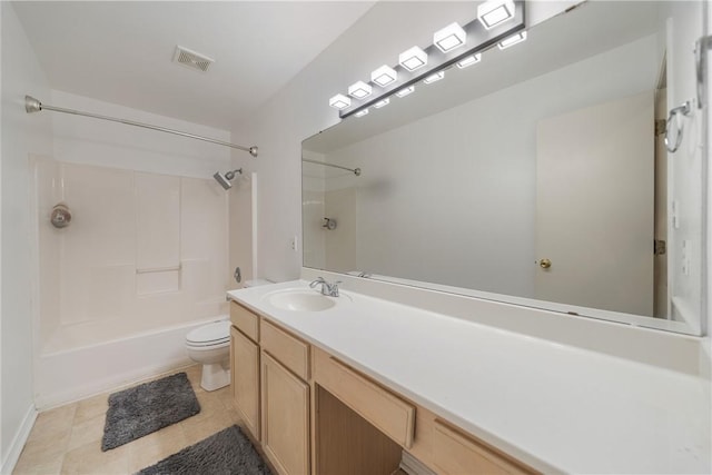 bathroom with vanity, toilet, tile patterned floors, tub / shower combination, and visible vents