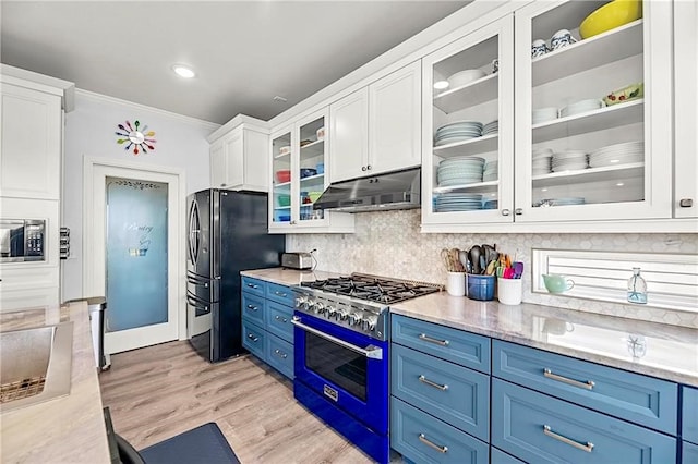 kitchen with light hardwood / wood-style floors, white cabinetry, appliances with stainless steel finishes, tasteful backsplash, and blue cabinets