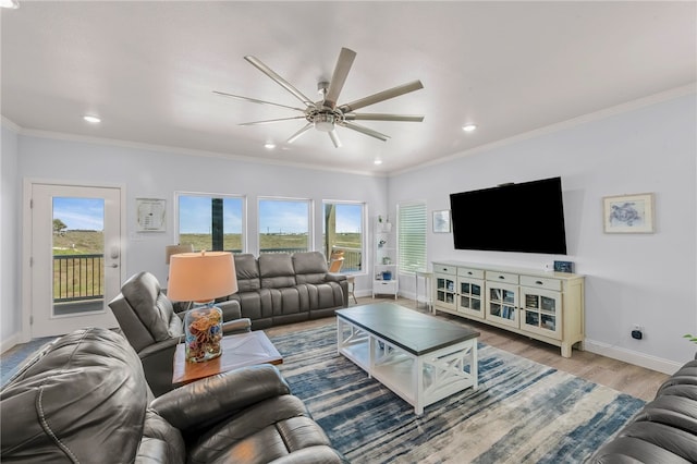 living room with ceiling fan, light hardwood / wood-style flooring, and crown molding