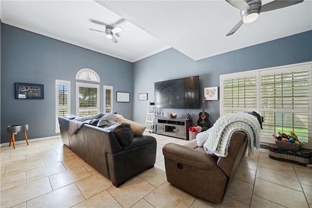 7905 Etienne Dr, Corpus Christi, TX 78414 - living area featuring a ceiling fan, ornamental molding, tile patterned flooring, and baseboards
