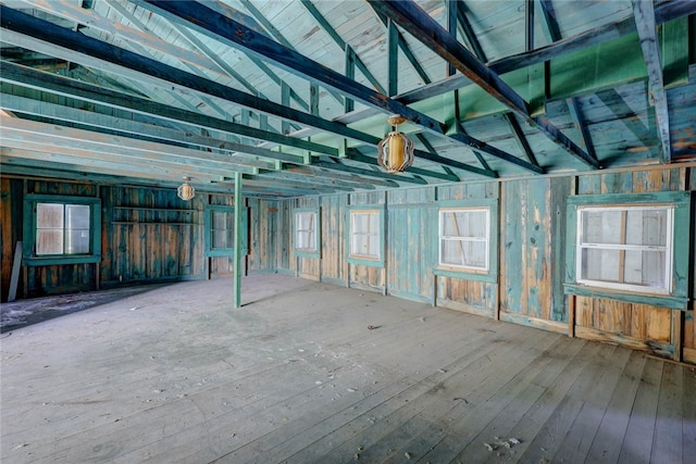 misc room featuring wood-type flooring, a healthy amount of sunlight, and vaulted ceiling