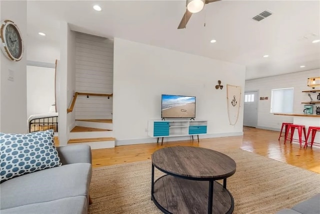 162 La Concha Blvd Unit 20, Port Aransas, TX 78373 - living area with wood finished floors, a ceiling fan, recessed lighting, and stairs