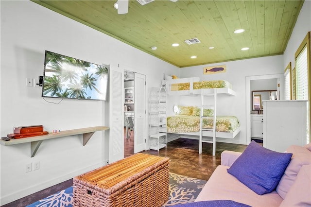 bedroom featuring baseboards, wooden ceiling, visible vents, and recessed lighting