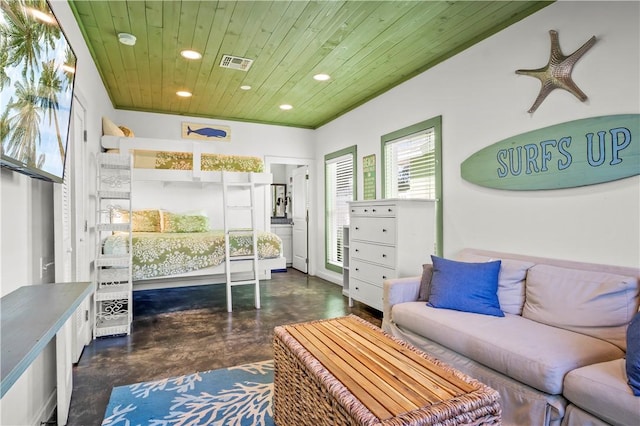 bedroom with visible vents, recessed lighting, wood ceiling, and finished concrete floors