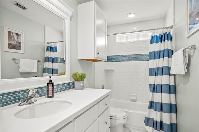 bathroom with shower / bath combination with curtain, visible vents, backsplash, toilet, and vanity