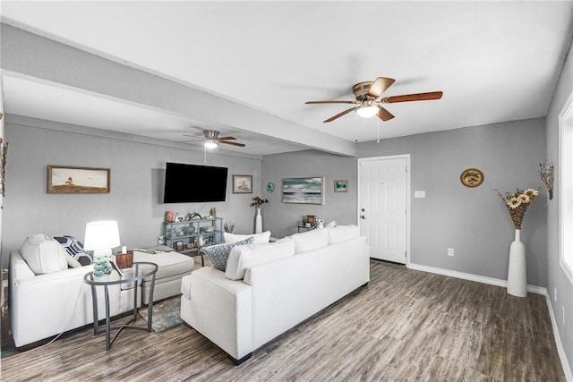 living room with hardwood / wood-style flooring and ceiling fan