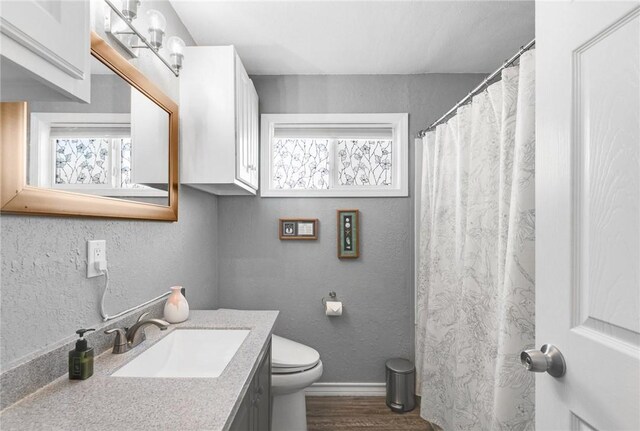 bathroom with vanity, toilet, and hardwood / wood-style floors