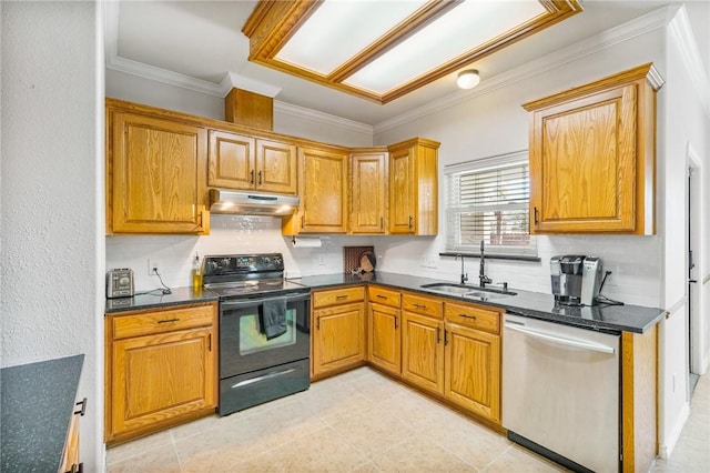 kitchen with black range with electric cooktop, under cabinet range hood, a sink, ornamental molding, and stainless steel dishwasher