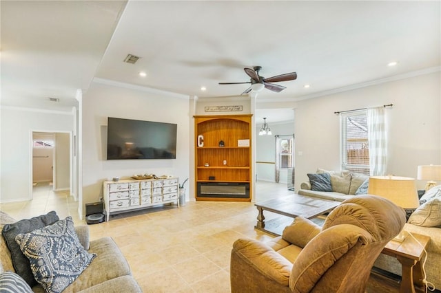 living area featuring light tile patterned floors, visible vents, and ornamental molding