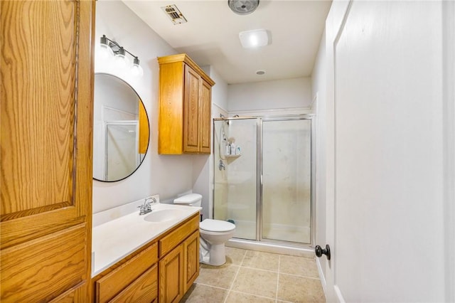 full bath with tile patterned flooring, toilet, visible vents, vanity, and a stall shower