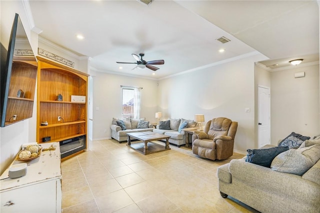 living area with light tile patterned floors, recessed lighting, visible vents, baseboards, and ornamental molding