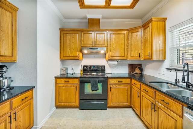 kitchen featuring electric range, brown cabinetry, a sink, under cabinet range hood, and dishwashing machine