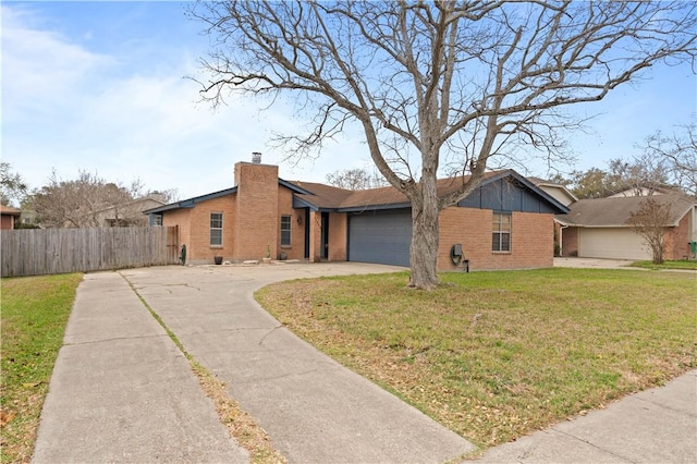 view of front of house featuring brick siding, fence, concrete driveway, a chimney, and a garage