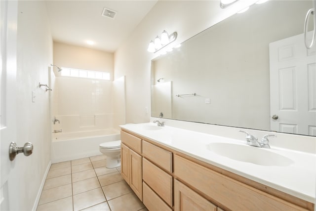 full bathroom with vanity, tile patterned floors, toilet, and shower / washtub combination