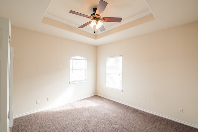 carpeted spare room featuring ceiling fan, ornamental molding, and a raised ceiling