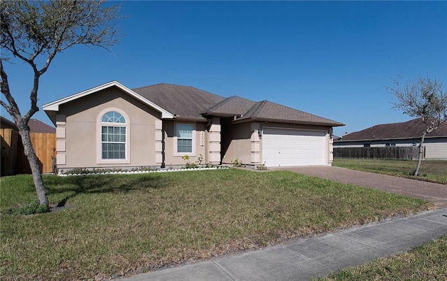 ranch-style house featuring fence, driveway, stucco siding, a front lawn, and a garage